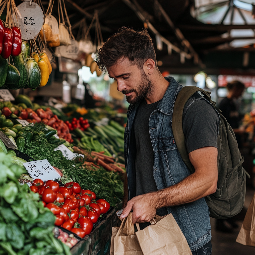 Мъж на 56 години пазарува екологични продукти на фермерския пазар с торба от плат